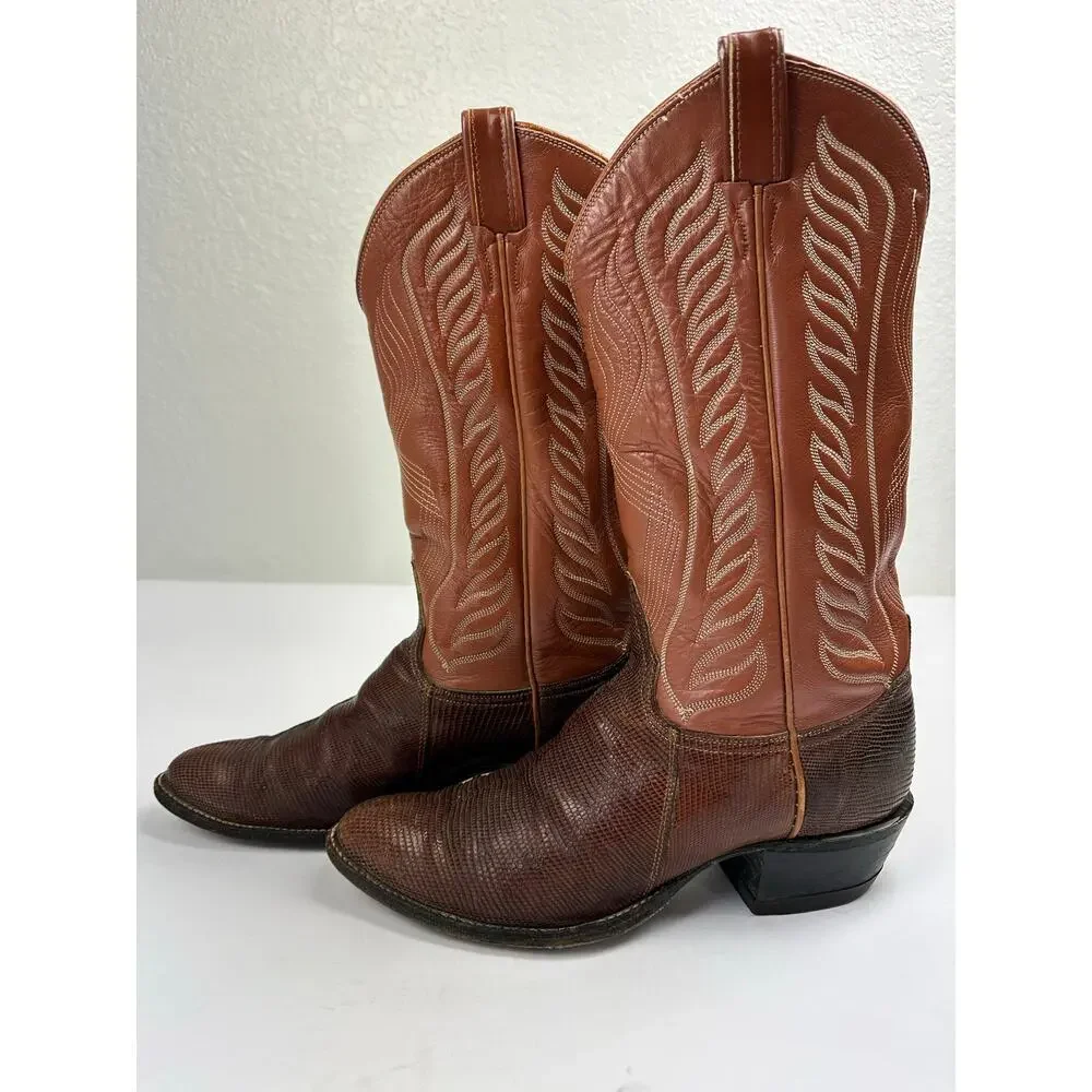 VTG Tony Lama Teju Lizard Exotic Leather Cowboy Boots Cognac Brown Womens 8.5 B